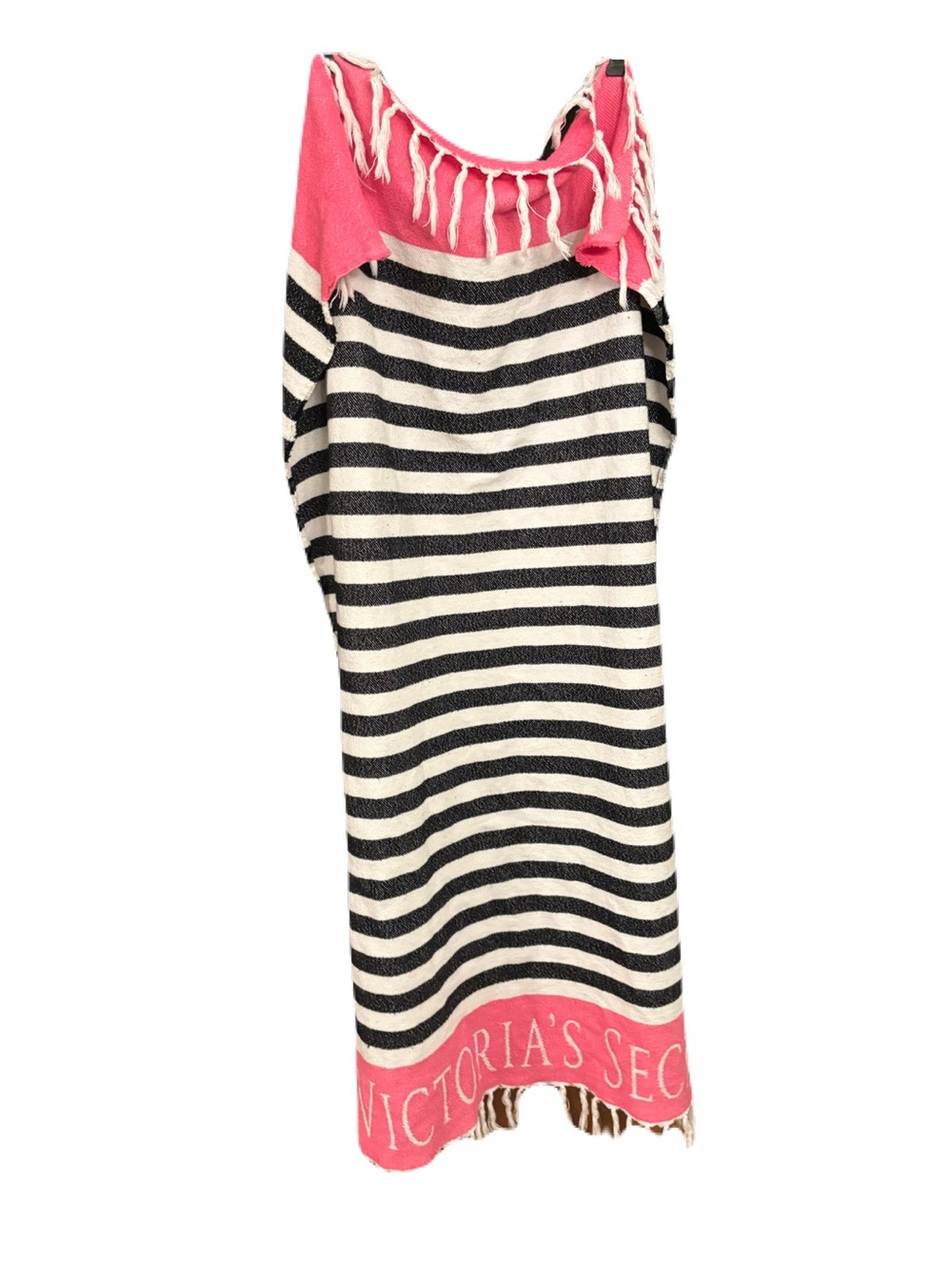 Victoria's Secret Black & White Striped Cover-Up with Pink Trim & Fringe Cotton